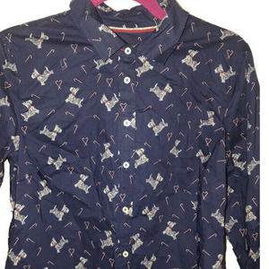 TALBOTS S NWOT Blue Candy Canes Dogs Collared Button Up Shirt !